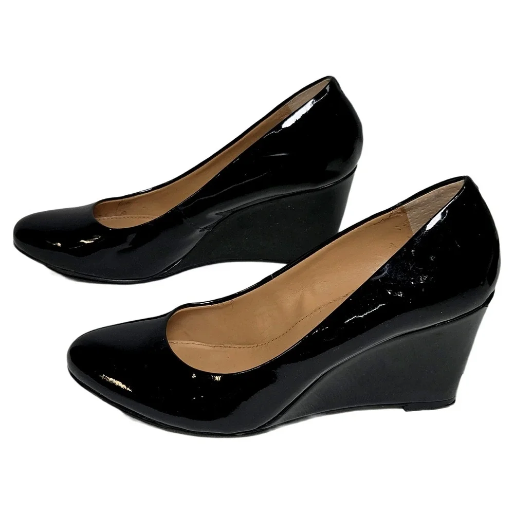 JCrew Sylvia Wedge Pumps Black Patent Leather Almond Toe Shoes US 6.5 EU 37